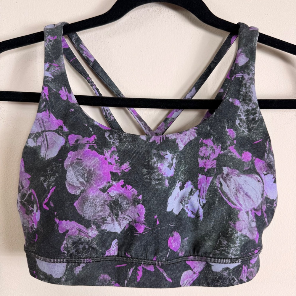 Lululemon Energy Bra Purple Grey Floral Strappy Back Sports Bra Size 8